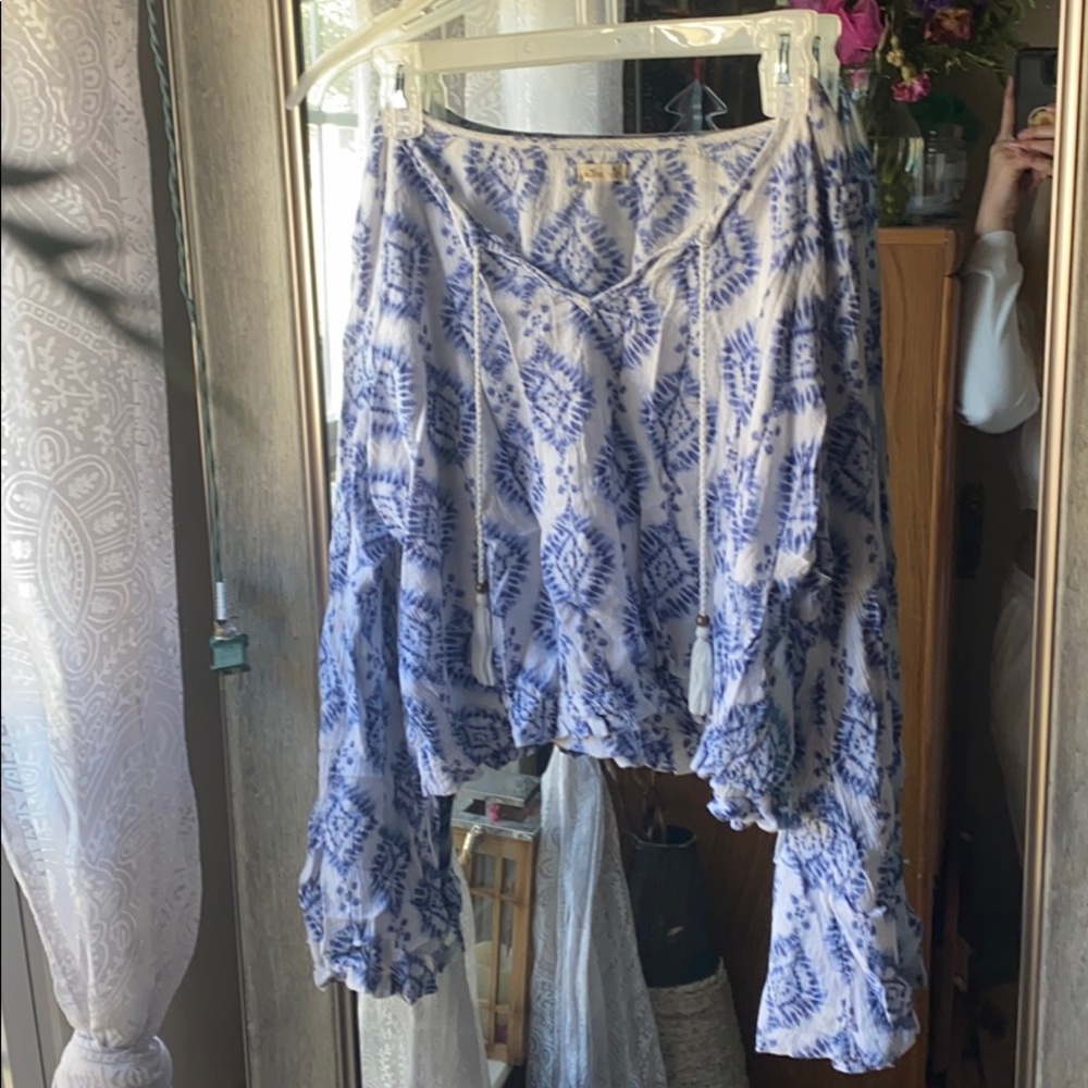 Boho styled white and blue patterned long sleeve